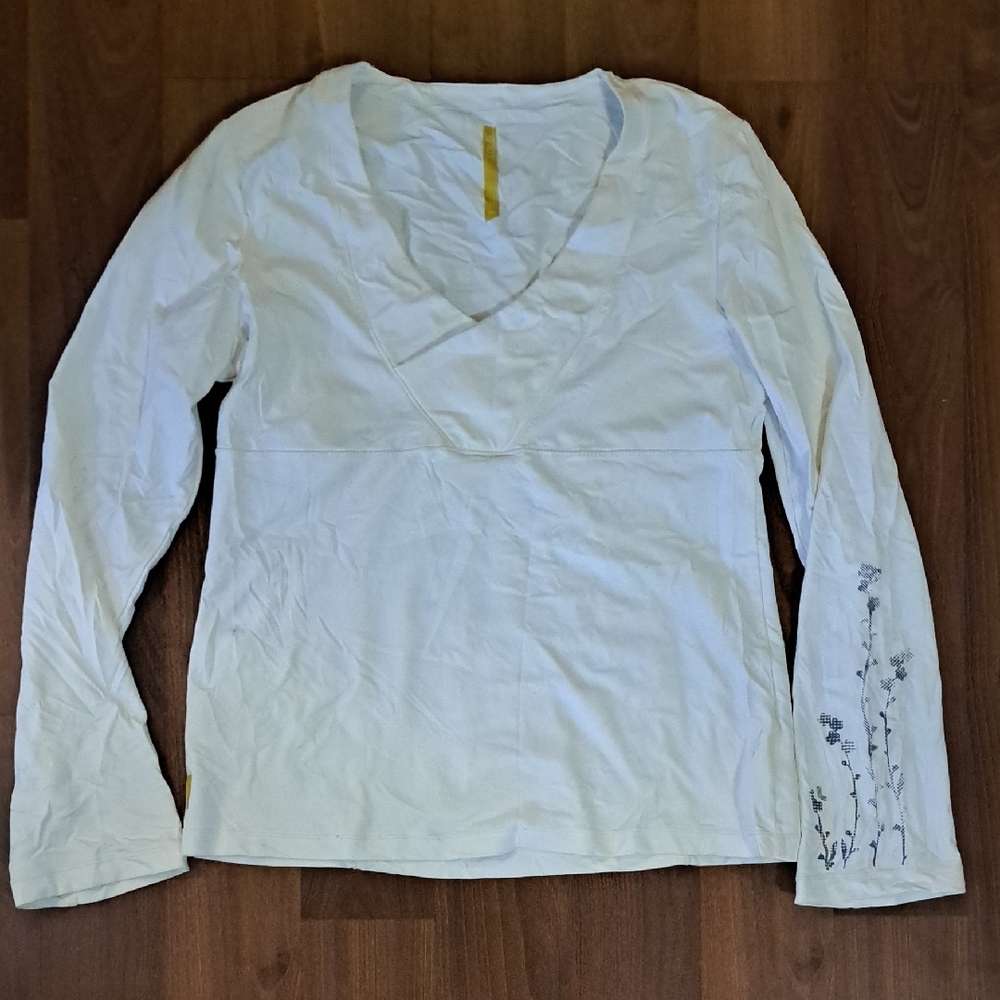 Lole Cream Long Sleeve Top with Floral Accents, Small Flaw